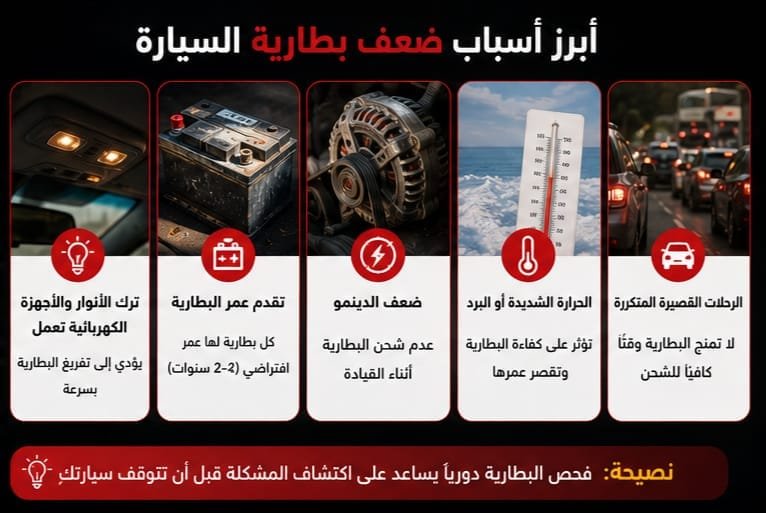 أسباب ضعف بطارية السيارة وكيفية الحفاظ عليها تبديل بطارية السيارة وفحصها