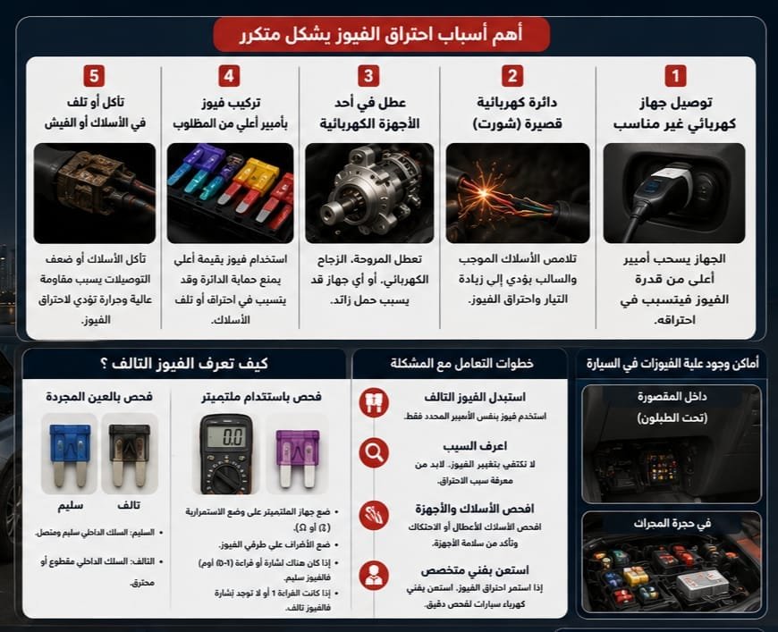 فيوز السيارة يحترق باستمرار؟ الأسباب وكيف تعرف الفيوز التالف فحص كهرباء السيارة وإصلاح مشكلة احتراق الفيوز