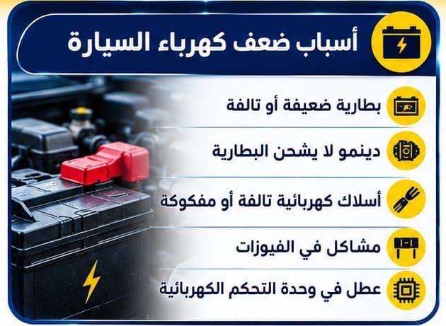 أسباب ضعف كهرباء السيارة وكيف تكتشف المشكلة علامات ضعف كهرباء السيارة